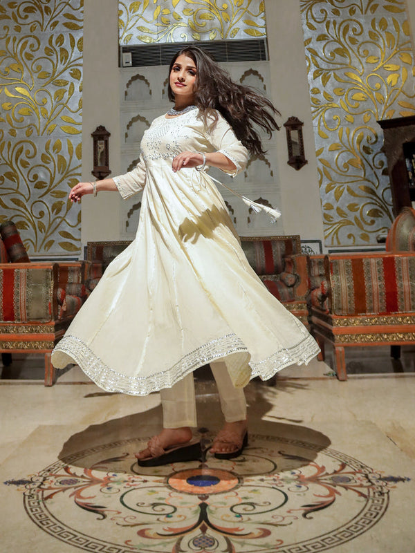 Women Off White Cotton Anarkali kurta Pant Set | WomensFashionFun.com