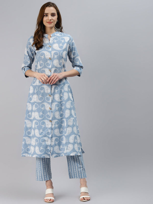 SkyBlue Block Print Cotton A-line kurta with Pant set | WOMENSFASHIONFUN