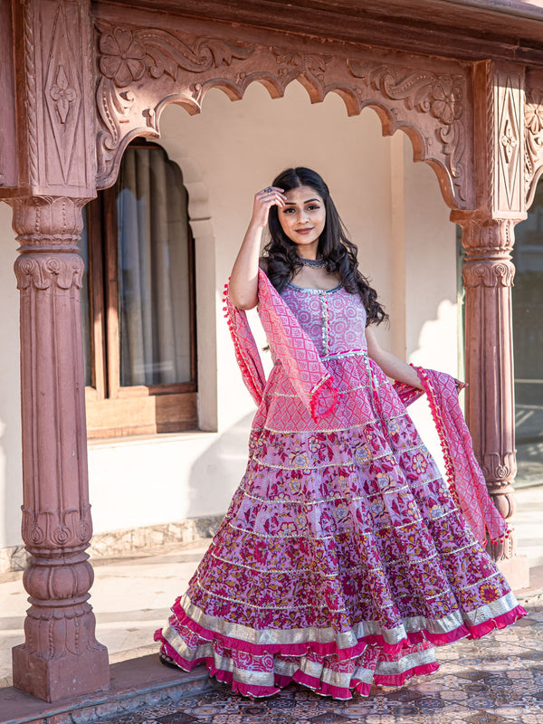Women Pink Cotton Sleeves less Anarkali Sharara set with Dupatta | WomensFashionFun.com