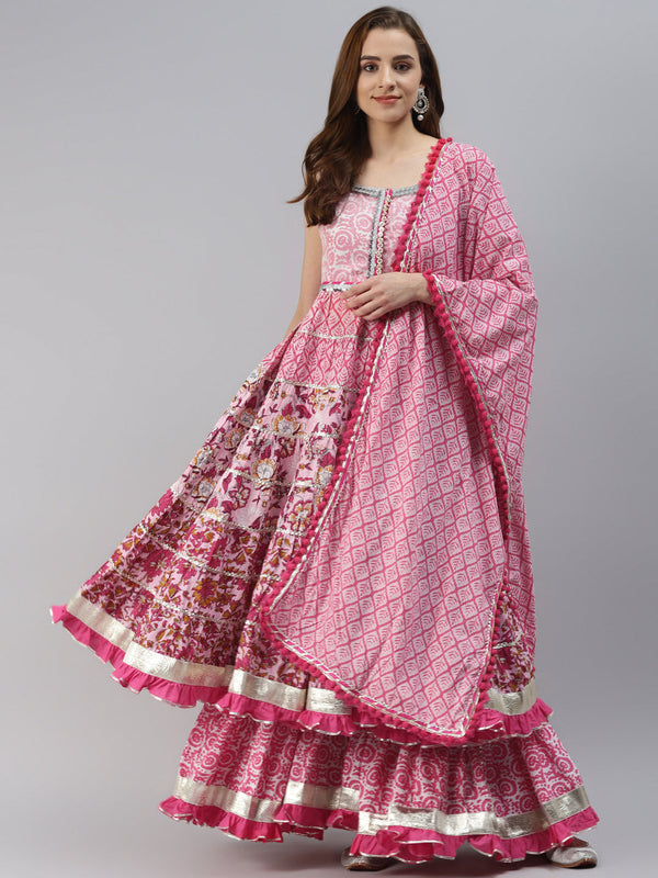Pink Cotton Sleeves less Anarkali Sharara set with Dupatta | WOMENSFASHIONFUN