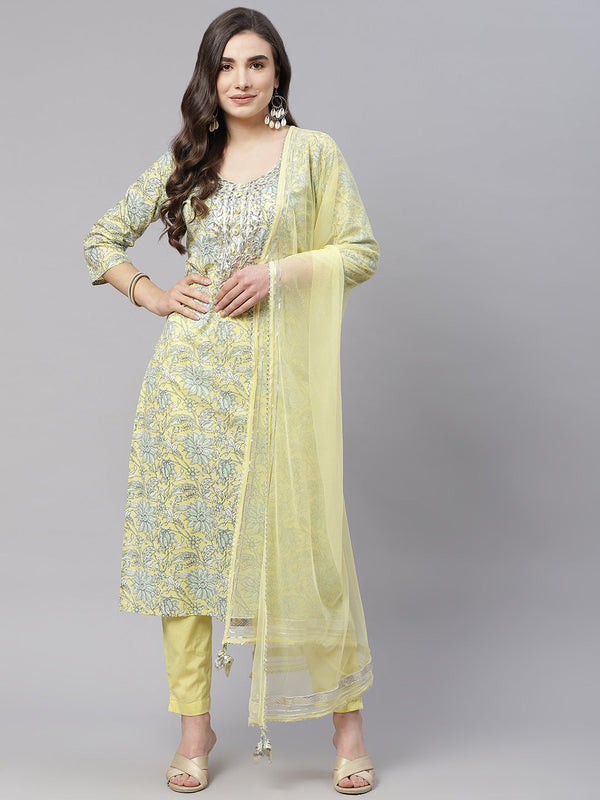 yellow Cotton Straight Kurta pant set with dupatta | WOMENSFASHIONFUN