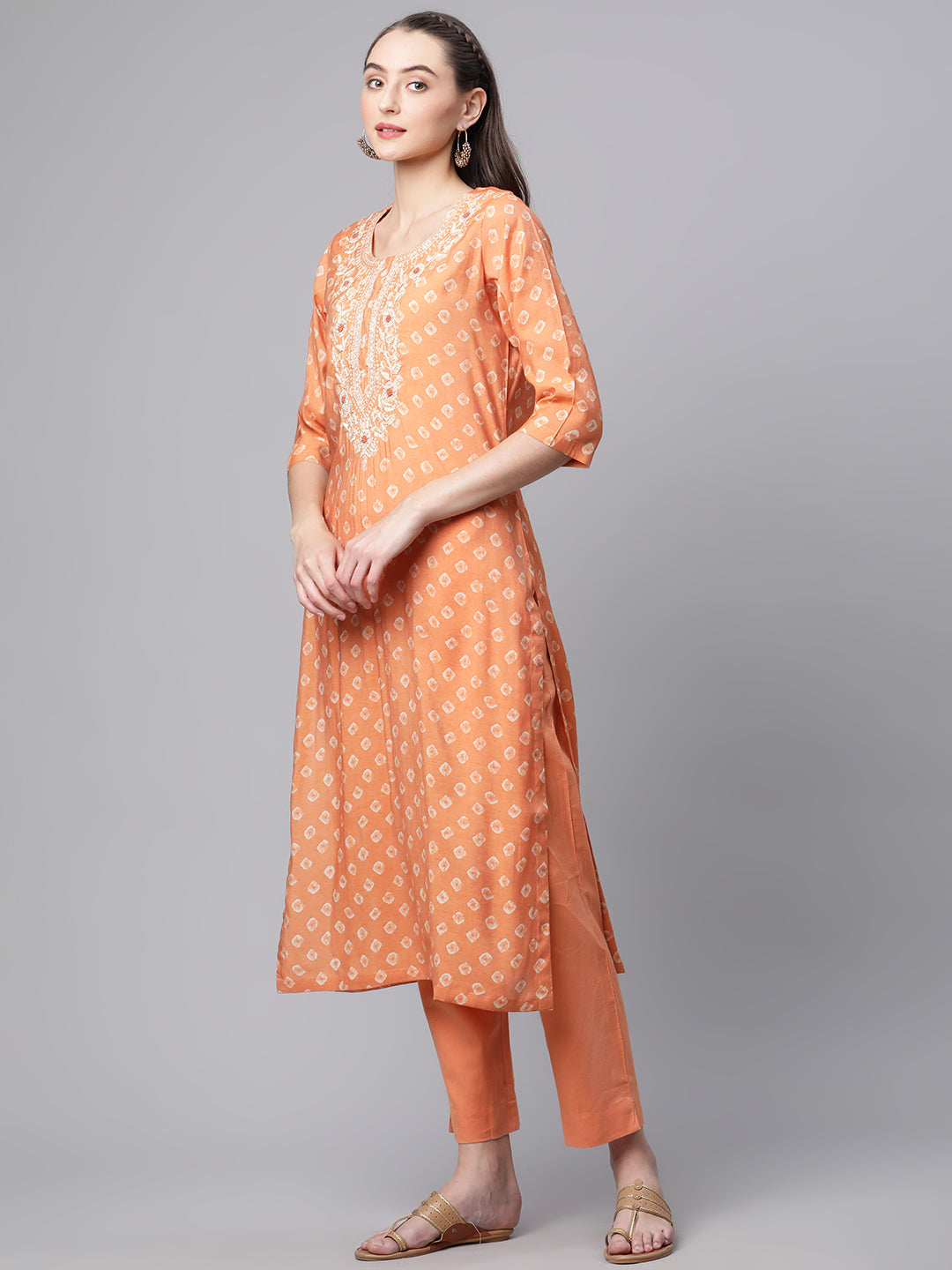 Women Orange Floral Print Chanderi Silk Kurta Set - WomensFashionFun