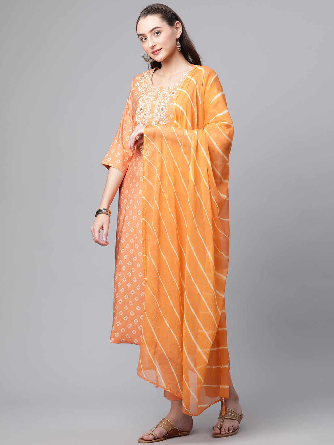 Women Orange Floral Print Chanderi Silk Kurta Set - WomensFashionFun
