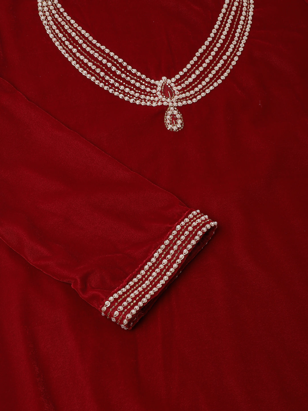 Women Maroon Plain Velvet Bead work Embroidered Kurta Set with Organza Dupatta