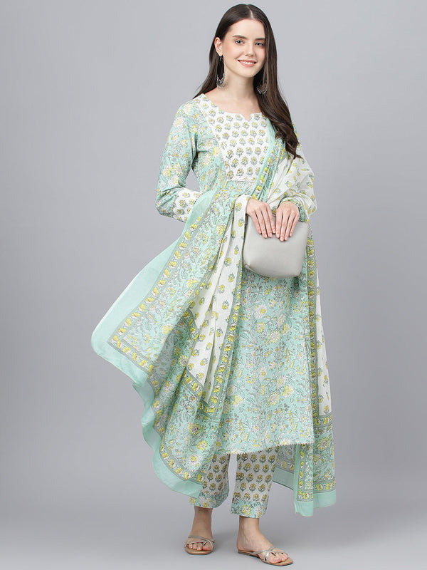 Women Mint Green Floral Printed Kurta Pant set With Dupatta | WomensFashionFun.com.