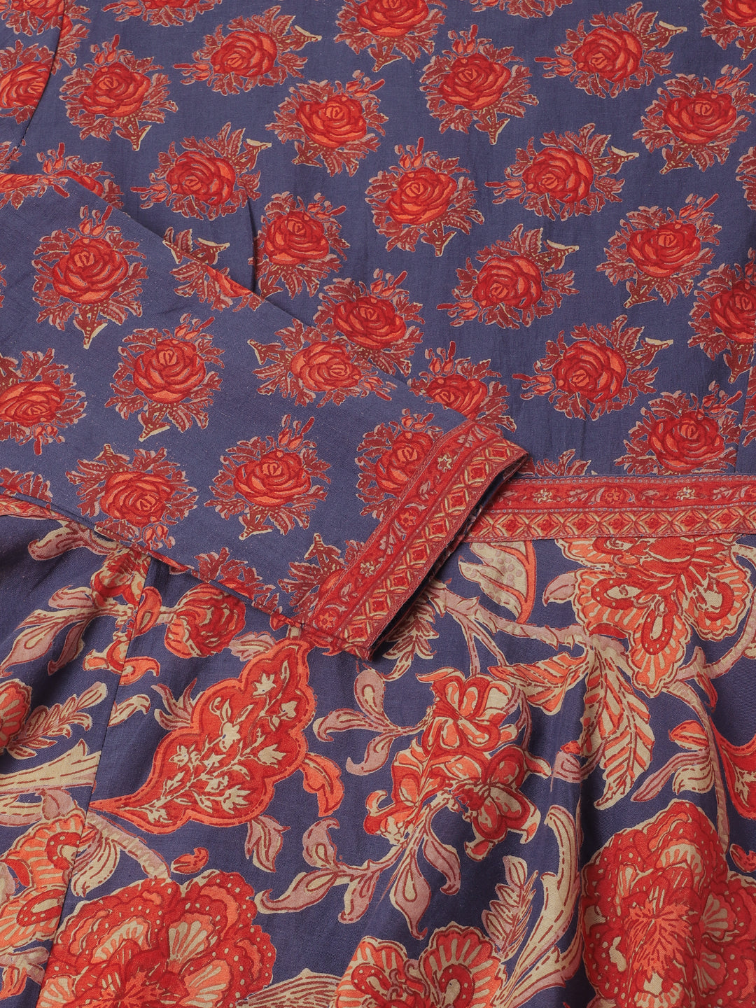 Women Blue Maroon Floral Printed Cotton Ethnic Long Kurta