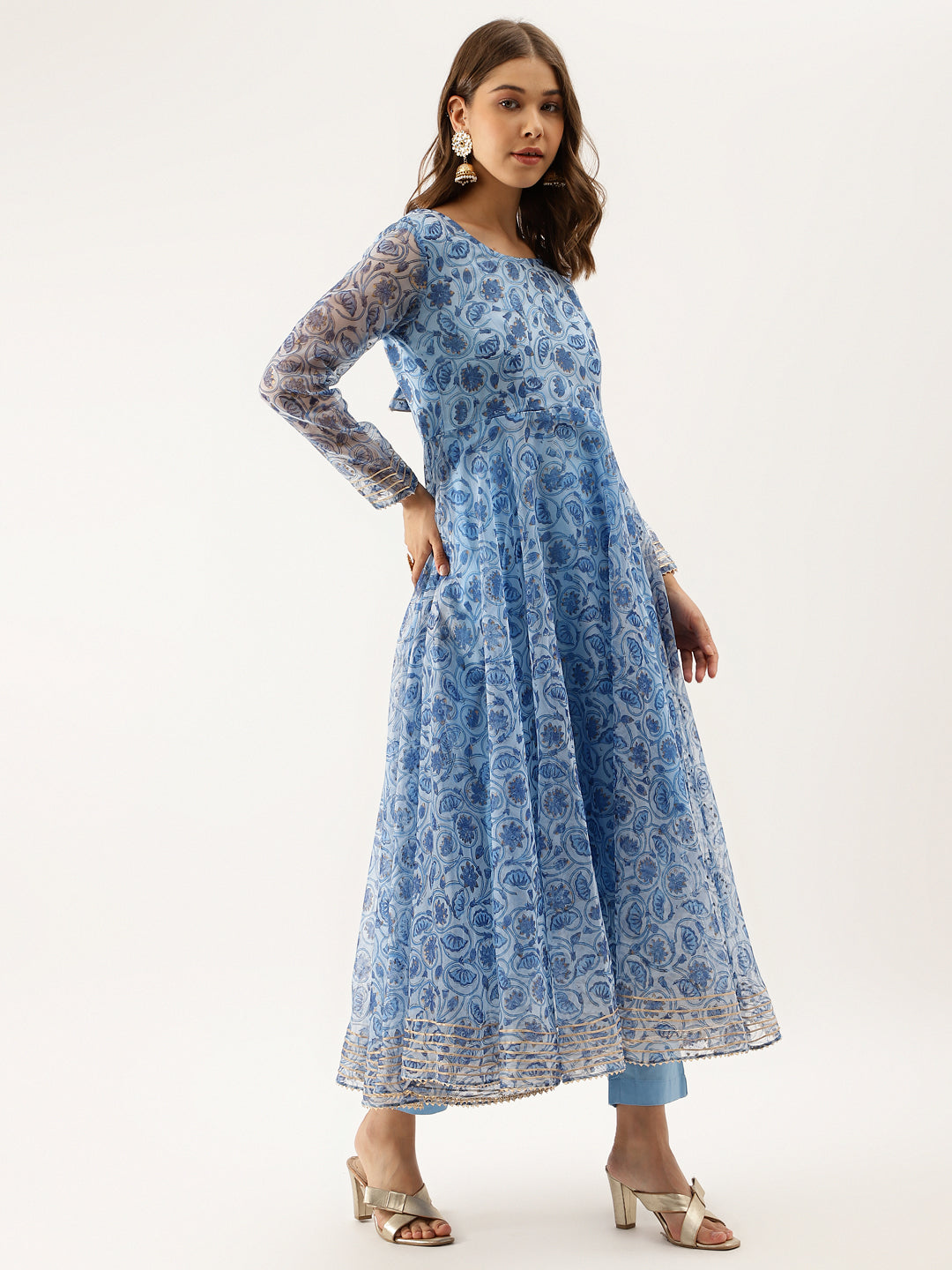 Women Sky Blue Floral Printed Organza Anarkali Kurta Dupatta Set with Cotton Lining