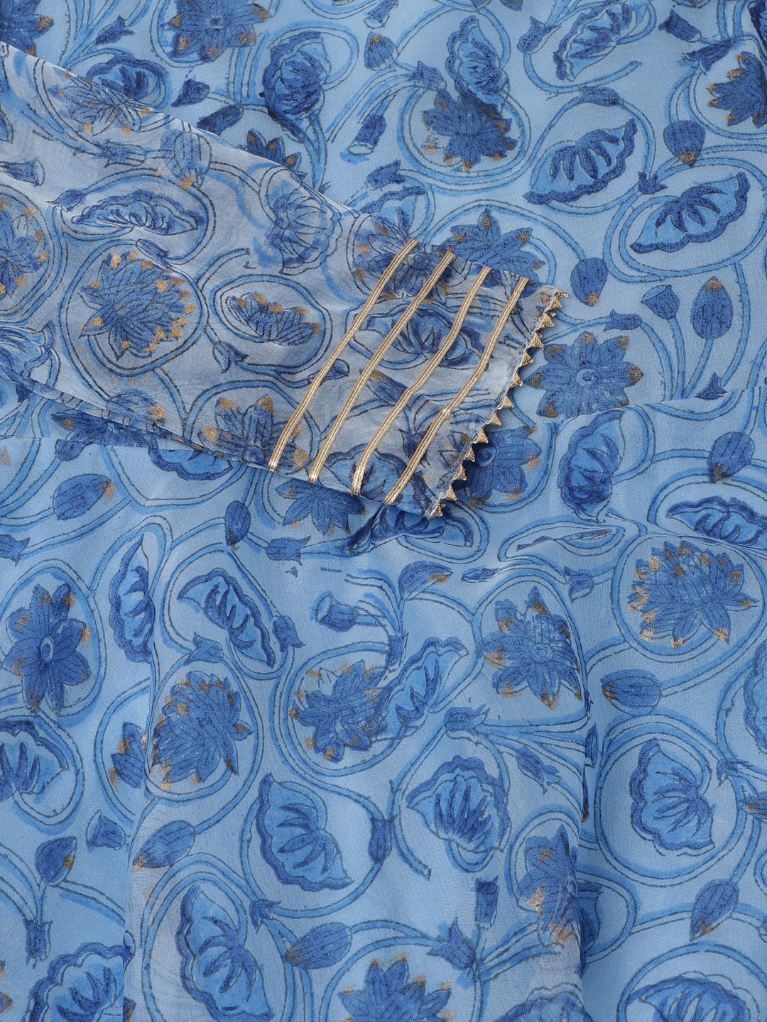 Women Sky Blue Floral Printed Organza Anarkali Kurta Dupatta Set with Cotton Lining