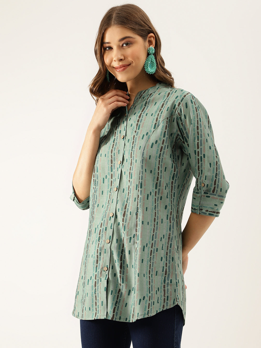 Women Green Printed Modal Chanderi Regular Fit Top