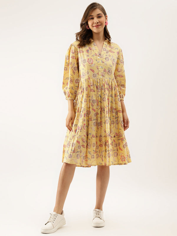 Women Yellow Floral Printed Cotton Dress