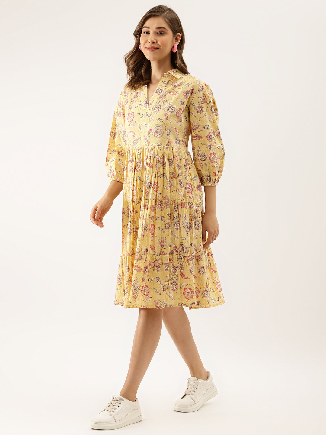 Women Yellow Floral Printed Cotton Dress