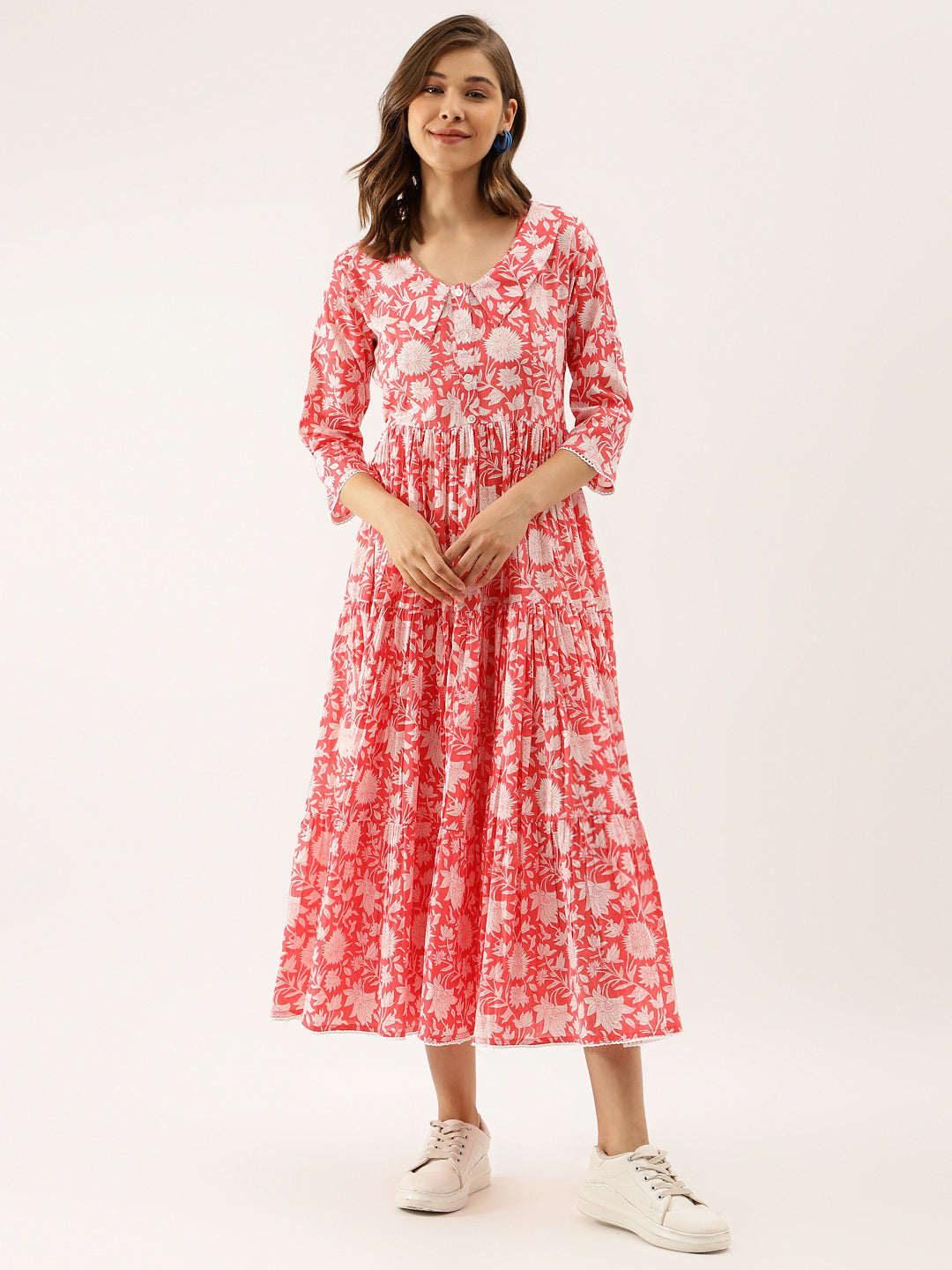 Women Pink Floral Printed Cotton Ethnic Dress