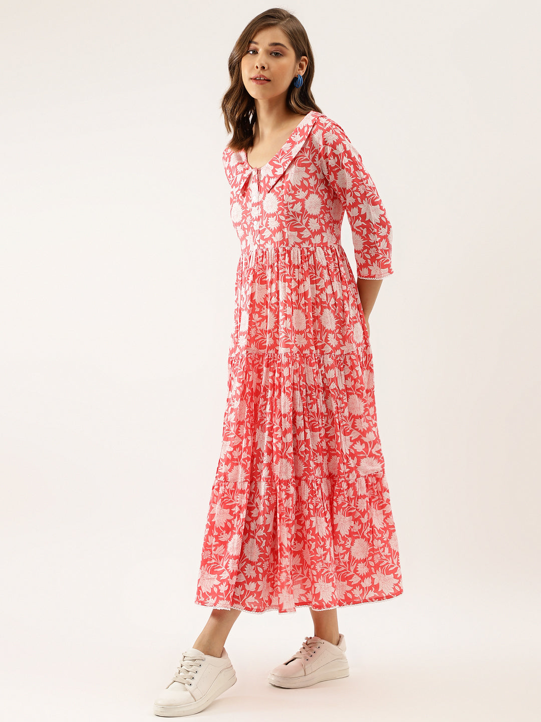 Women Pink Floral Printed Cotton Ethnic Dress