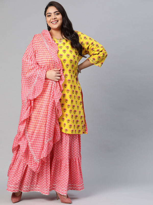 Yellow Printed Kurta with Lahariya Sharara and Ruffled Dupatta Set | WOMENSFASHIONFUN