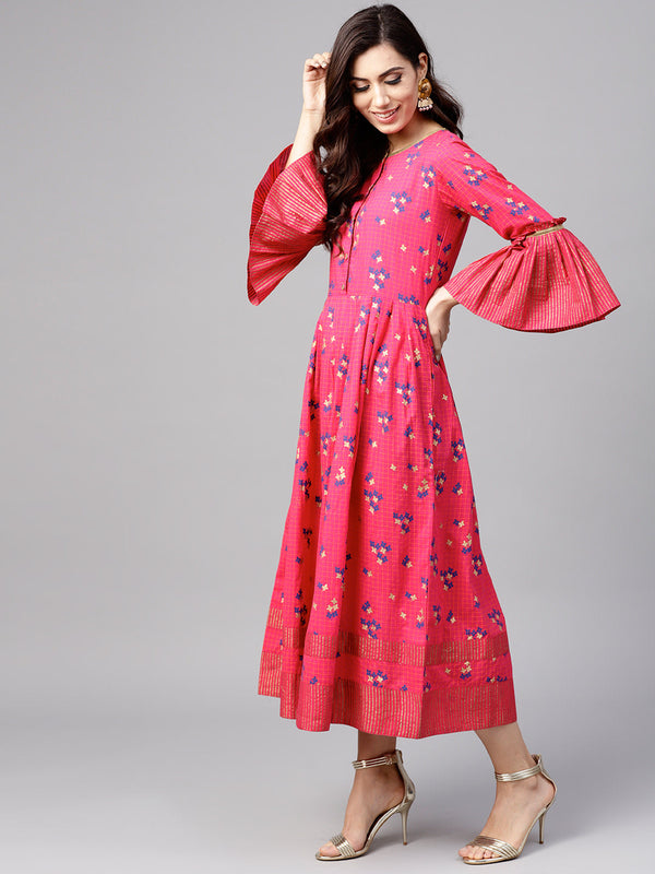 Women Pink and blue printed woven midi A-line dress