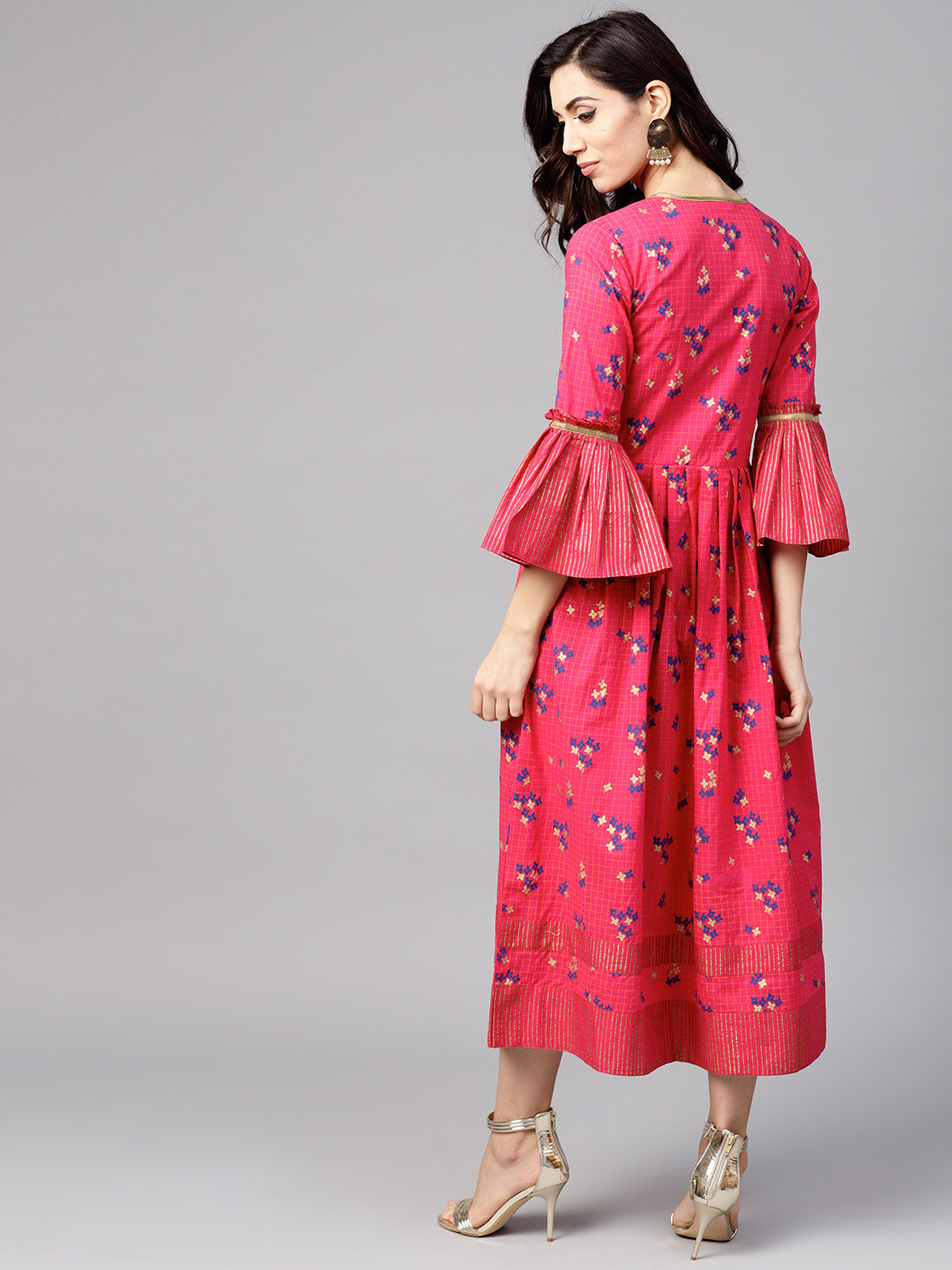 Women Pink and blue printed woven midi A-line dress