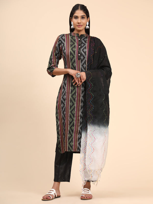 Women's Printed Straight Cotton Blend Black Stitched Kurta Pant With Dupatta | WomensFashionFun