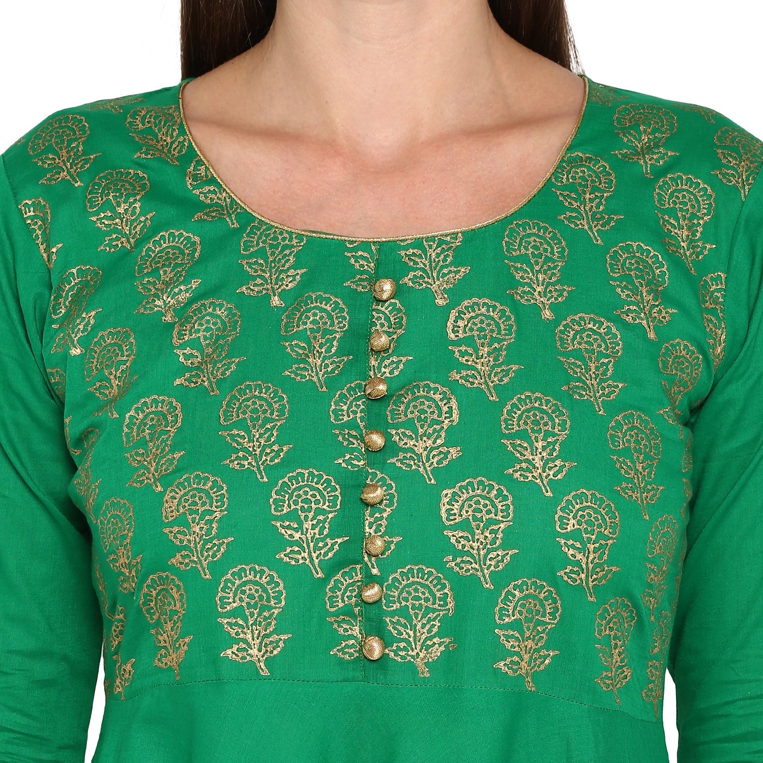 Green Cotton Printed Anarkali Kurti With Block Print