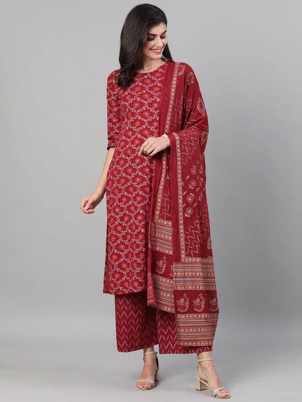 Women Burgundy Gold Printed Three-Quarter Sleeves Straight Kurta With Palazzo and Dupatta with pockets And Face Mask | womensFashionFun.com