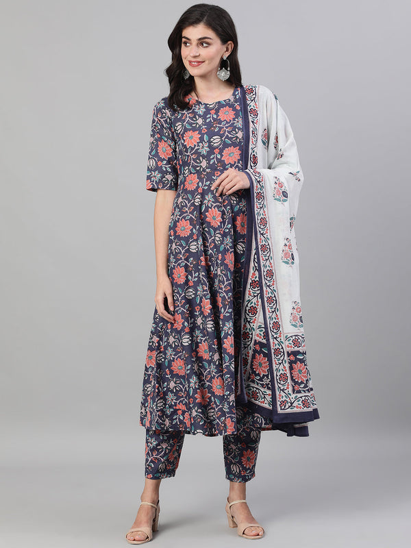Women Blue Three-Quarter Sleeves Flared Kurta With Palazzo and Dupatta with pockets And Face Mask | womensFashionFun.com