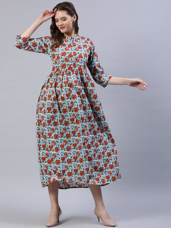 Women Blue & Rust Floral Printed Dress With Three Quarter Sleeves | womensFashionFun.com