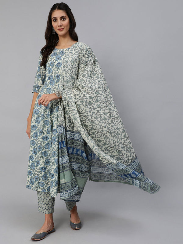 Women Blue & Cream Floral Printed Kurta Set With Trouser & Dupatta | WOMENSFASHIONFUN