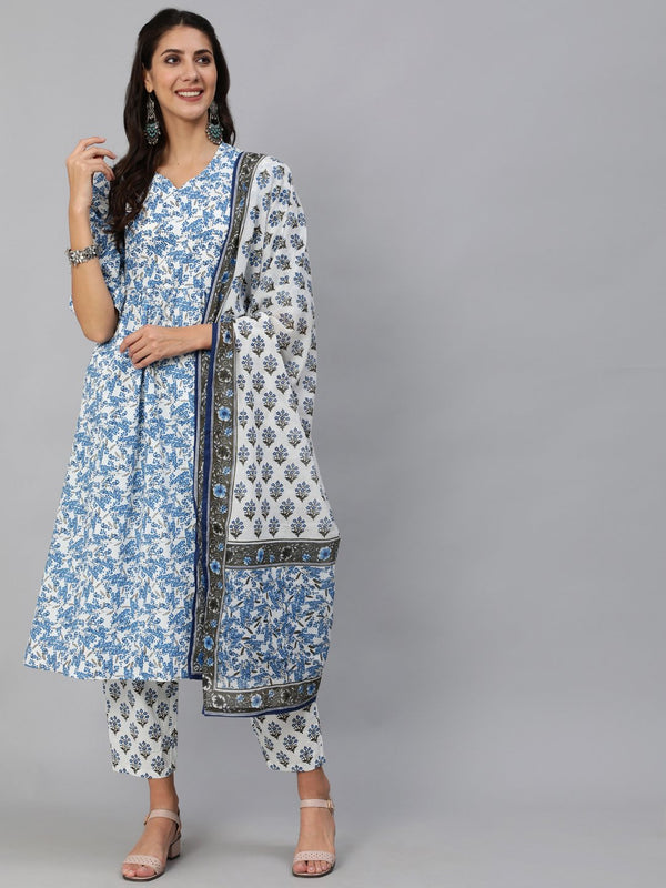 Women Blue & White Floral Printed Kurta Set With Trouser & Dupatta | womensFashionFun.com