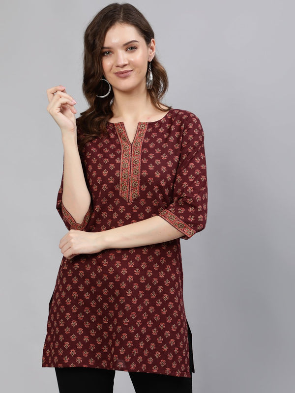 Women Burgundy Printed Tunic With Three Quarter Sleeves | womensFashionFun.com