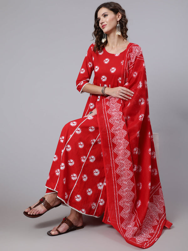 Women Red Dyed Printed Kurta And Trouser With Dupatta | WOMENSFASHIONFUN