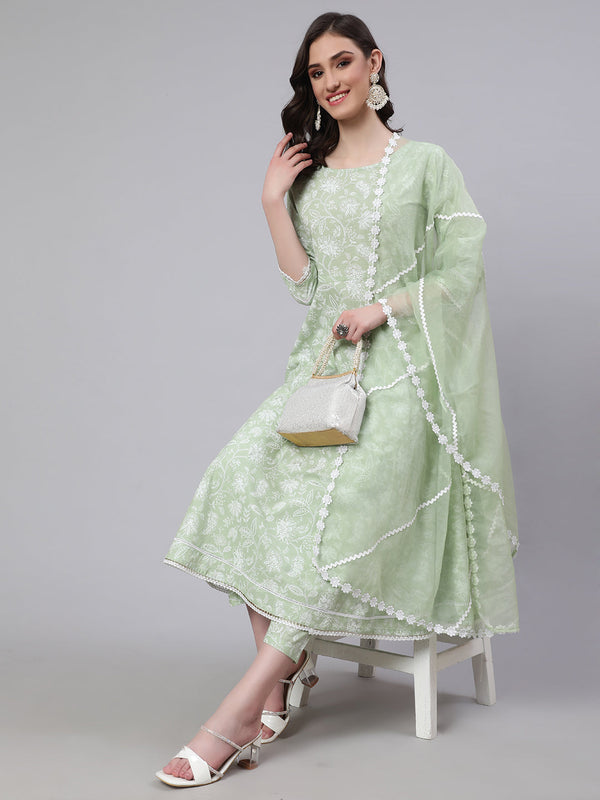 Women Green Floral Printed Anarkali Kurta With Trouser And Dupatta | WOMENSFASHIONFUN