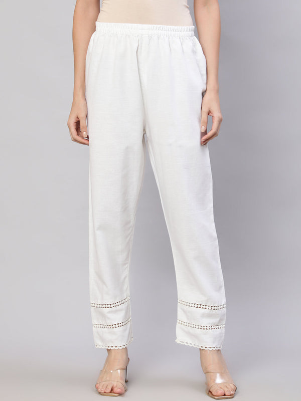 Women Women White Solid Pant With Lace Details | WomensFashionFun