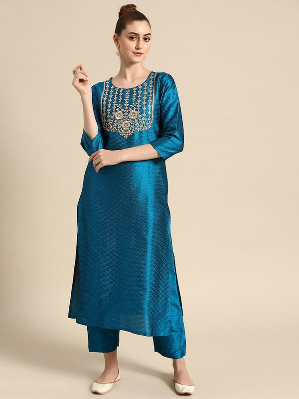 Poly Silk Blue Kurta with Palazzo set | WomensFashionFun