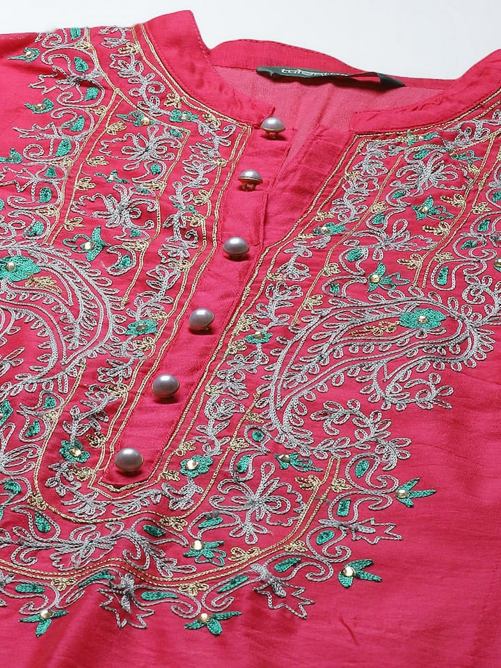 Pink & Grey Chanderi Embroidered Kurta With  Bottom And  Dupatta