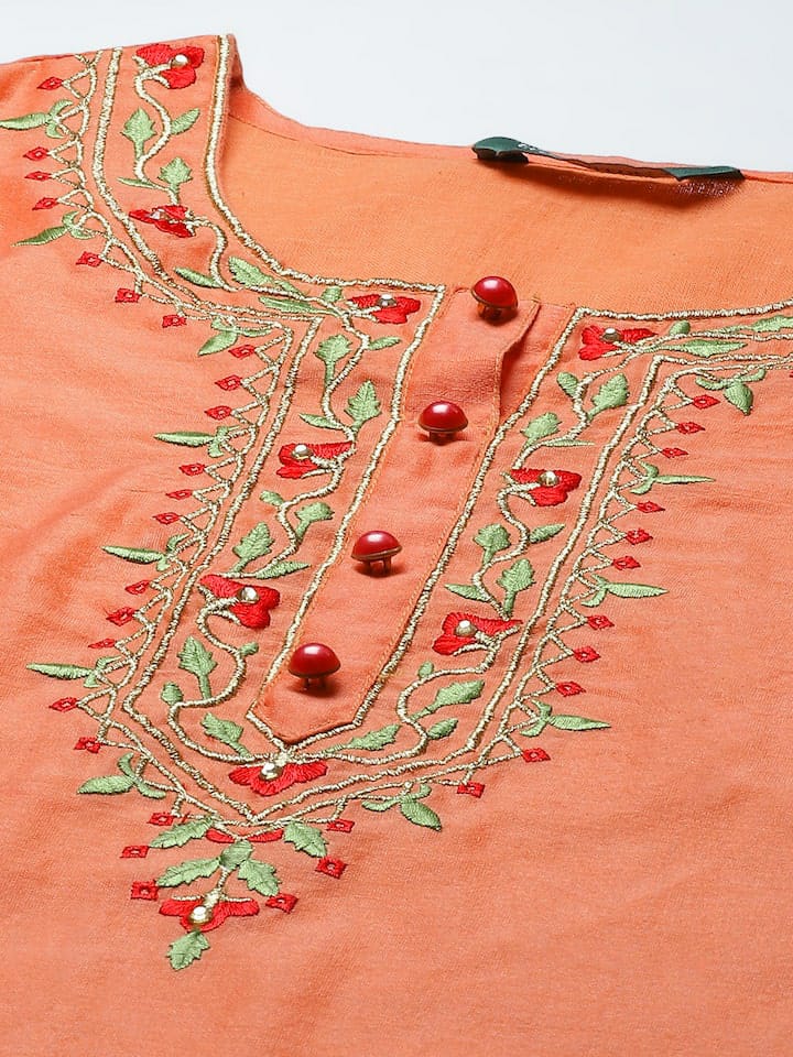 Orange Chanderi Embroidered Kurta With  Bottom And  Dupatta