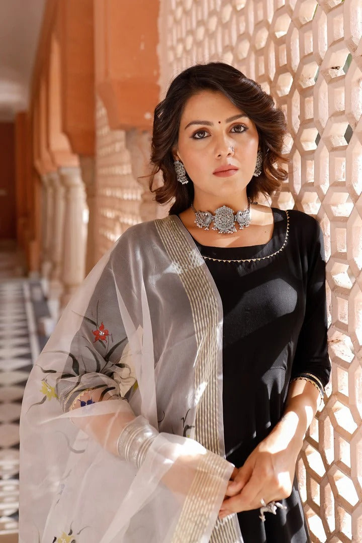 Black Solid Plus Size cotton Anarkali Salwar Suit