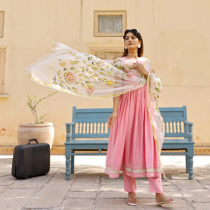 Pink Anarkali Suit Set With Hand Painted Organza Dupatta