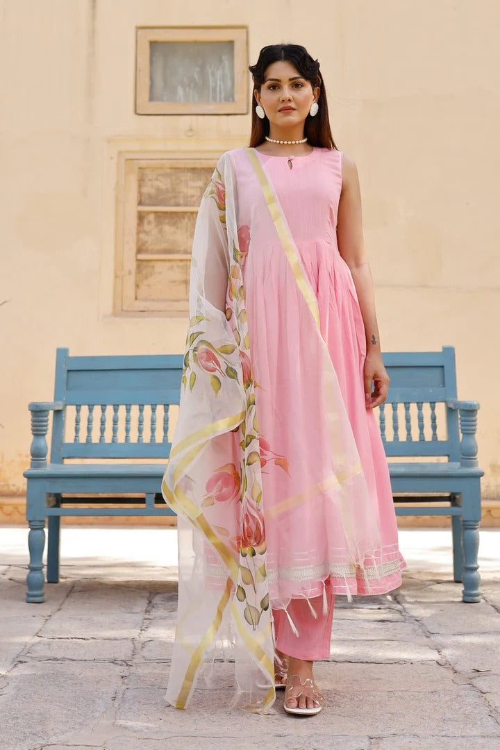 Pink Anarkali Suit Set With Hand Painted Organza Dupatta