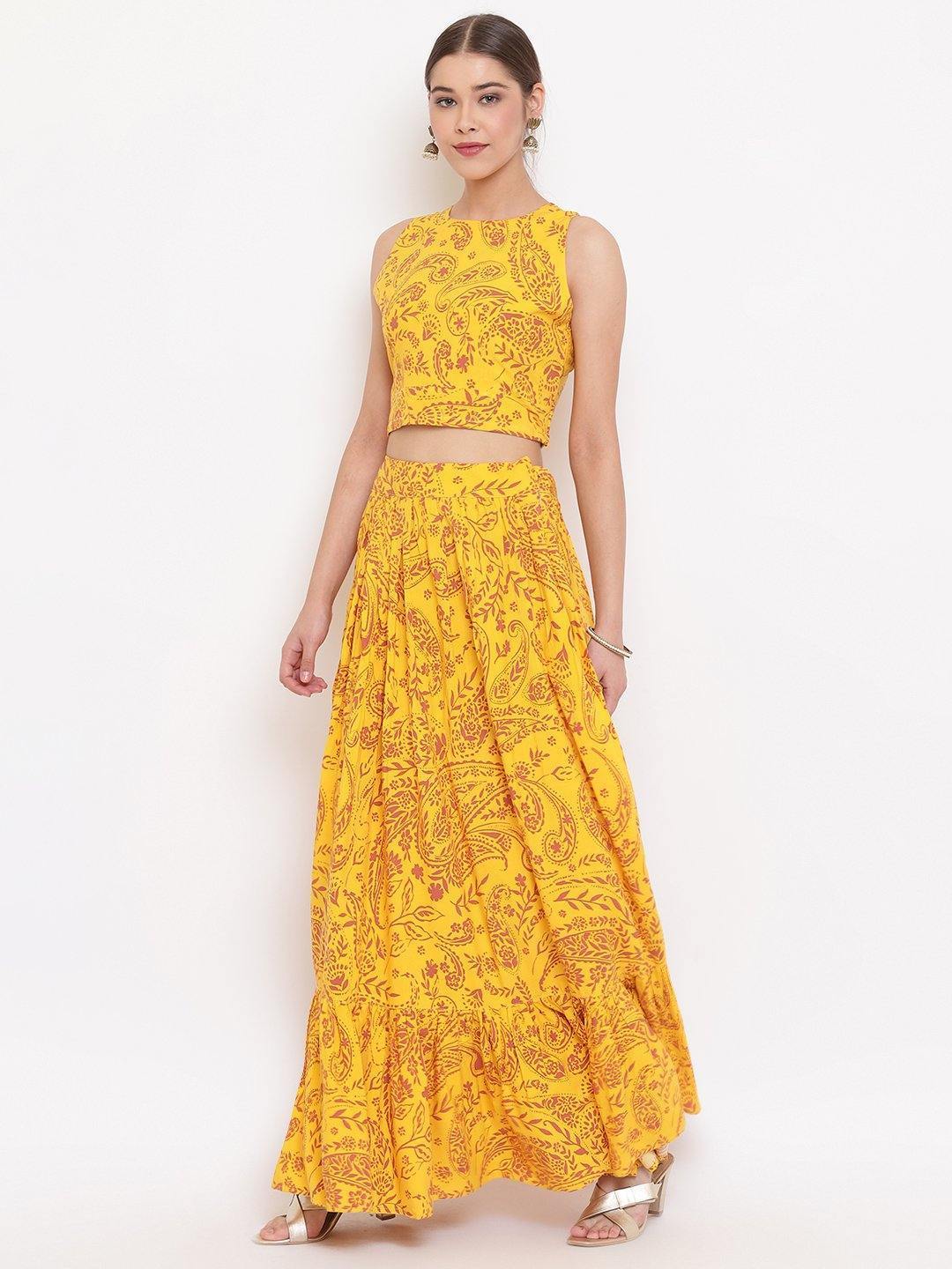 Mustard Rayon Crop Top With Skirt