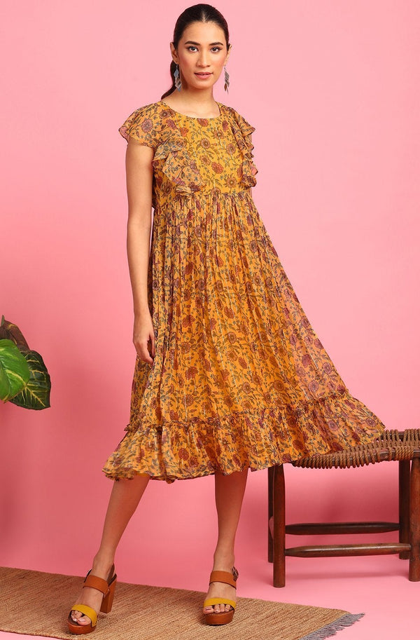 Women's Mustard Poly Georgette Western Dress | WomensFashionFun