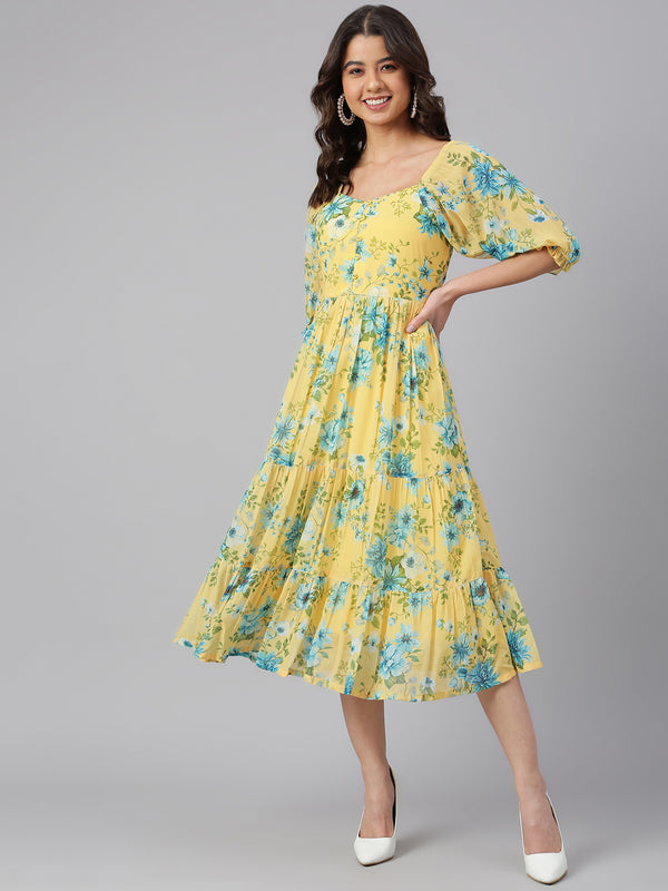 Women's Yellow Georgette Floral Print Flared Western Dress | WomensFashionFun.com