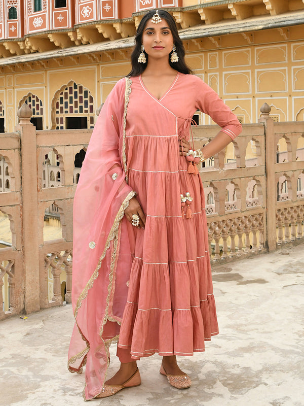 Women's Dusty Rose Cotton Embellished Kurta with Pant and Dupatta | WomensFashionFun