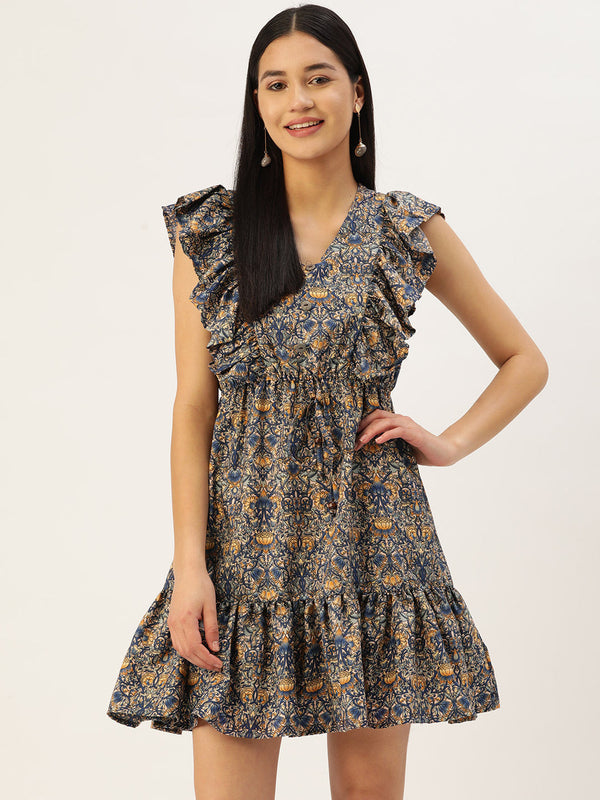 Women Navy Blue & Cream-Coloured Floral Crepe A-Line Dress | WomensfashionFun.com