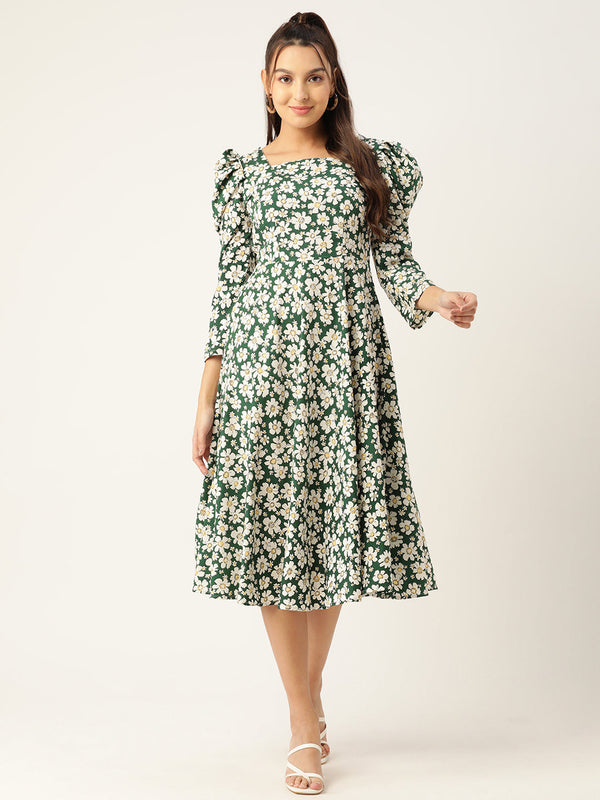 Women Floral Print Puff Sleeves Crepe Midi Dress | WomensfashionFun.com