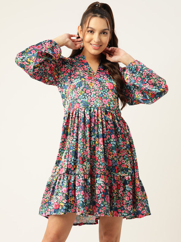 Women Blue & Pink Floral Printed Puff Sleeves Tiered Satin Dress | WomensfashionFun.com