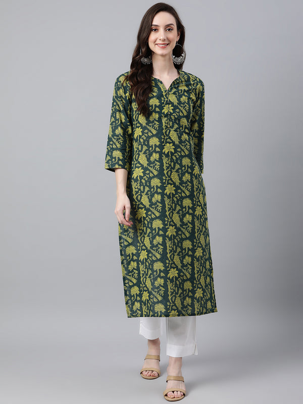 Women's Dark Green Cotton Floral Block Print Straight Kurta | WomensFashionFun