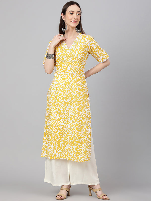 Women's Yellow Cambric Cotton Printed Straight Kurta | WomensFashionFun