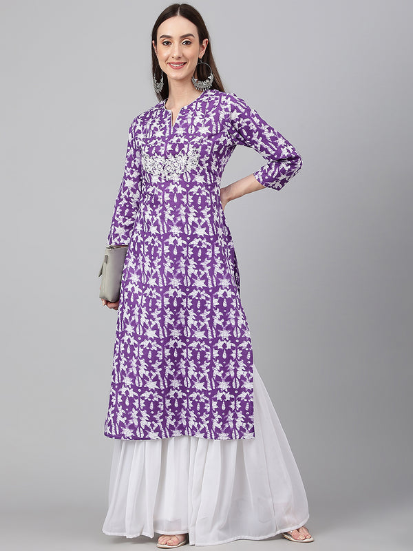 Women's Purple Cotton Batik Print Straight Kurta | WomensFashionFun