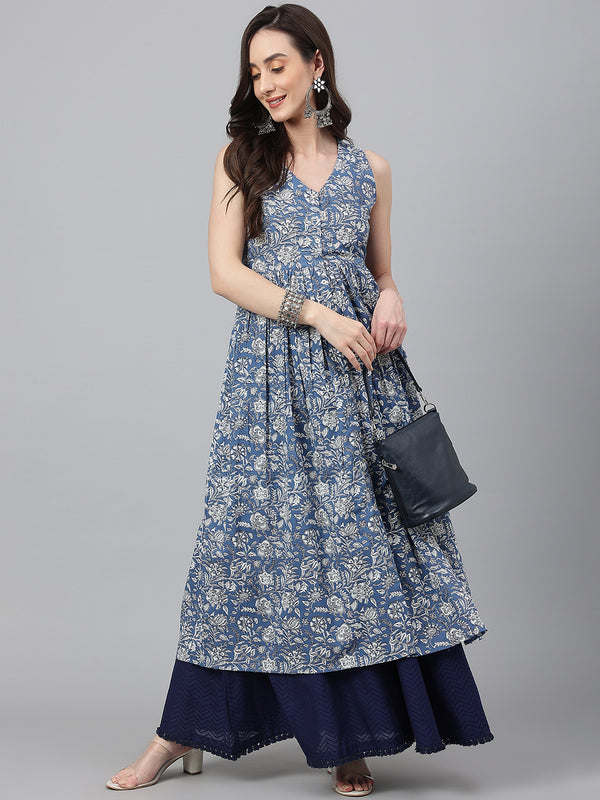 Women's Blue Cotton Floral Print Flared Kurta | WomensFashionFun