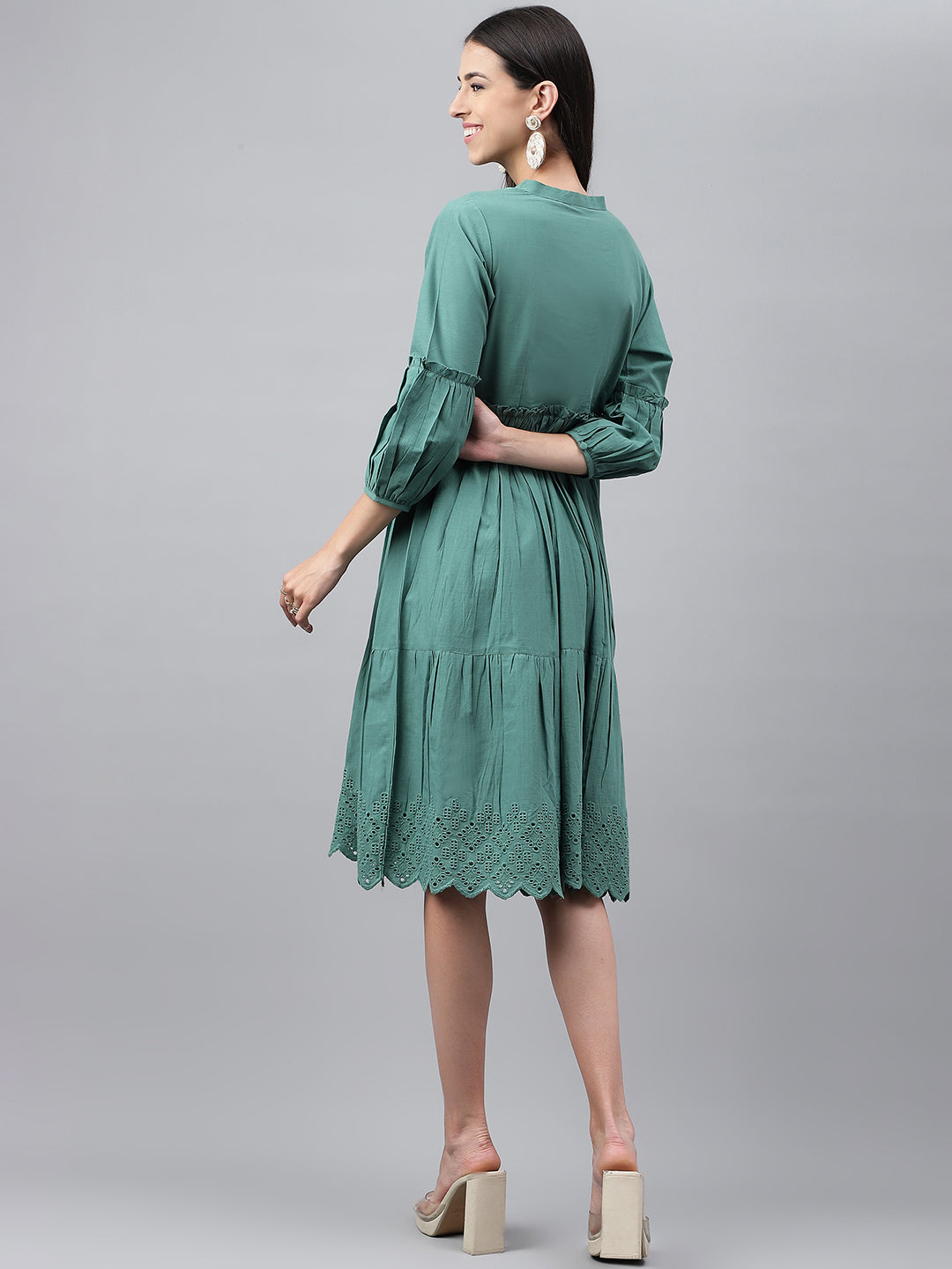 Women Green Cotton Flared Casual Casual Dress