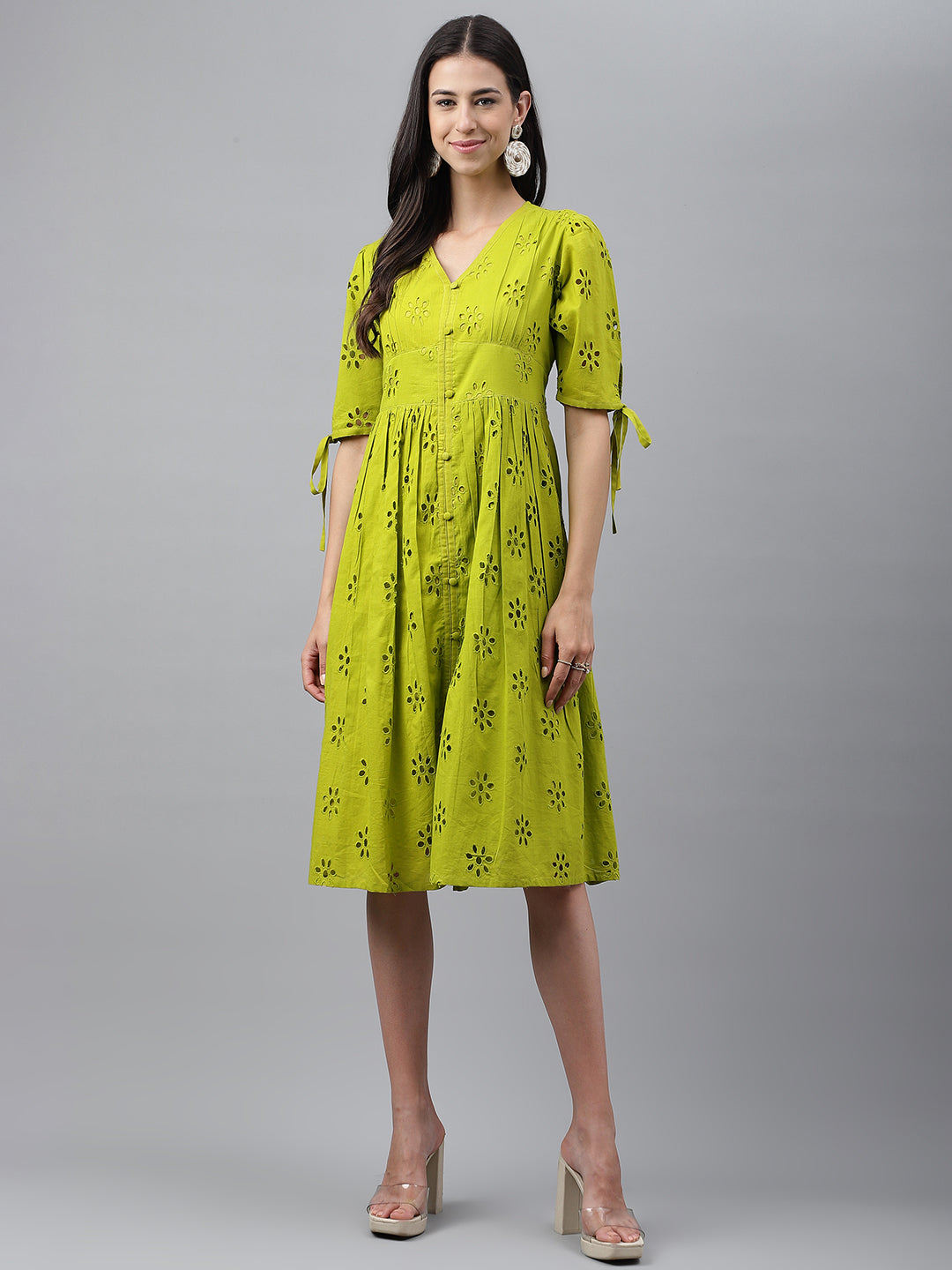 Women Lime Green Cotton Flared Casual Western Dress